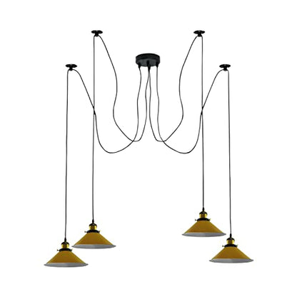 4 Light Spider Pendant – Swag Hooks, Metal Cones or Wire Cages, E27 - Yellow Brass, Flat Cone 22 cm Yellow, Without Bulb