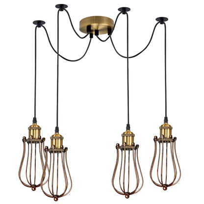 4 Light Spider Pendant – Swag Hooks, Metal Cones or Wire Cages, E27 - Yellow Brass, Round Cage Brushed Copper, Without Bulb