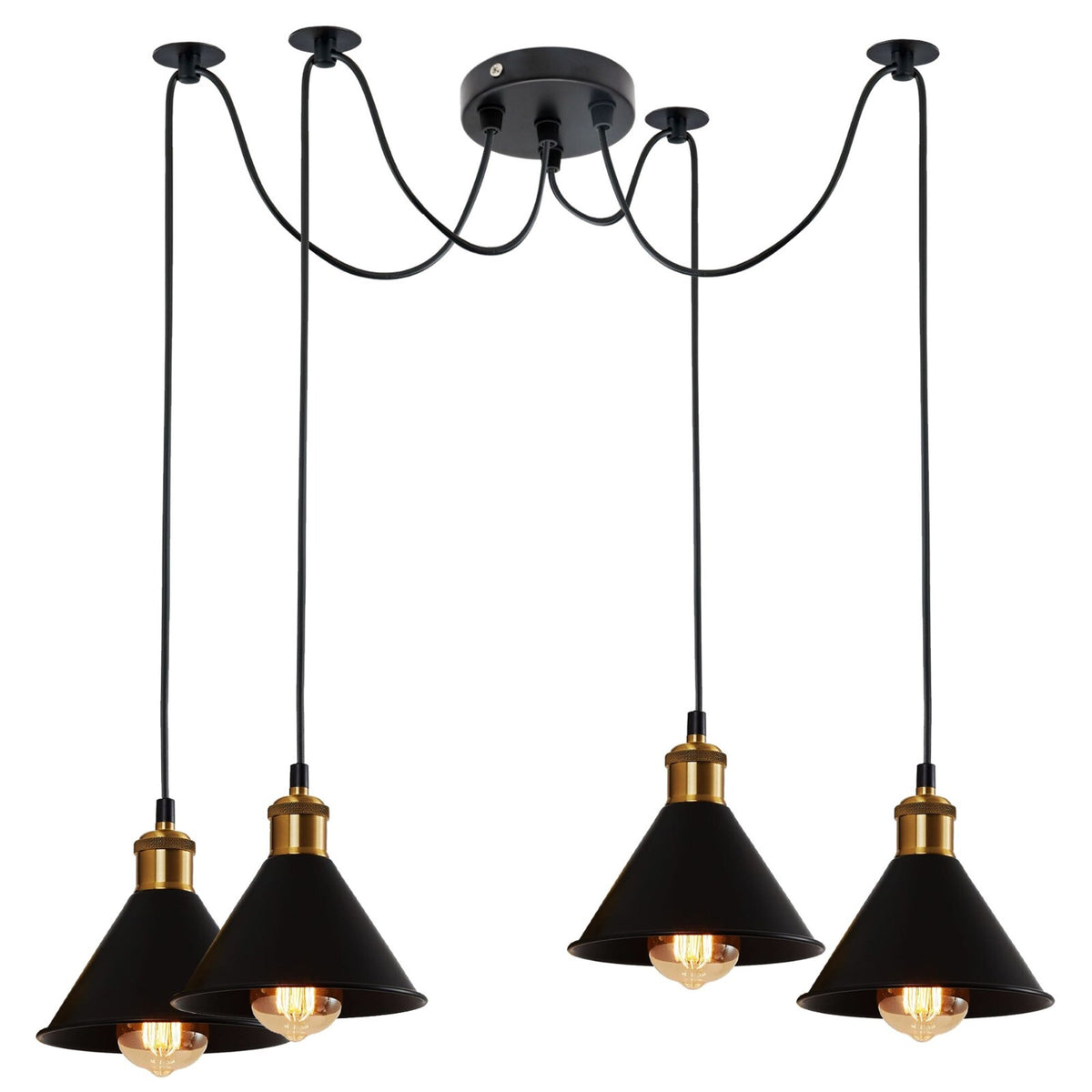 4 Light Spider Pendant – Swag Hooks, Metal Cones or Wire Cages, E27 - Yellow Brass, Small Cone 18 cm Black, Without Bulb