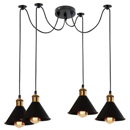 4 Light Spider Pendant – Swag Hooks, Metal Cones or Wire Cages, E27 - Yellow Brass, Small Cone 18 cm Black, Without Bulb