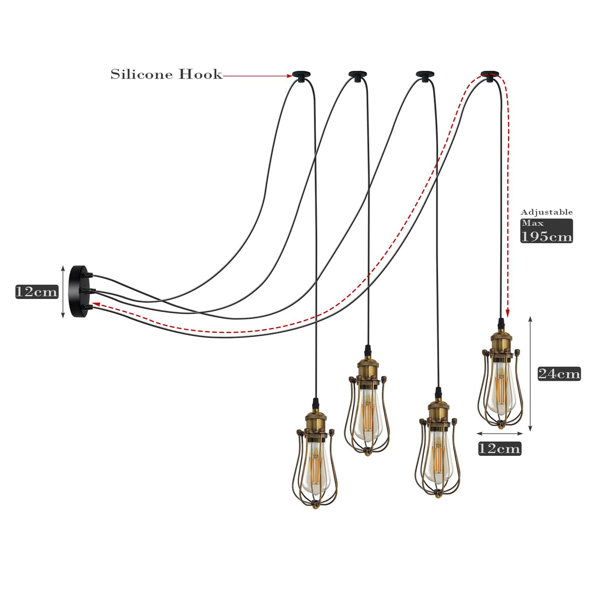 4 Light Spider Pendant – Swag Hooks, Metal Cones or Wire Cages, E27 - photo 2