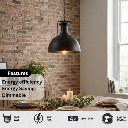 Large Black Pendant Light with Chain – 40 cm Metal Dome, E27 - photo 3
