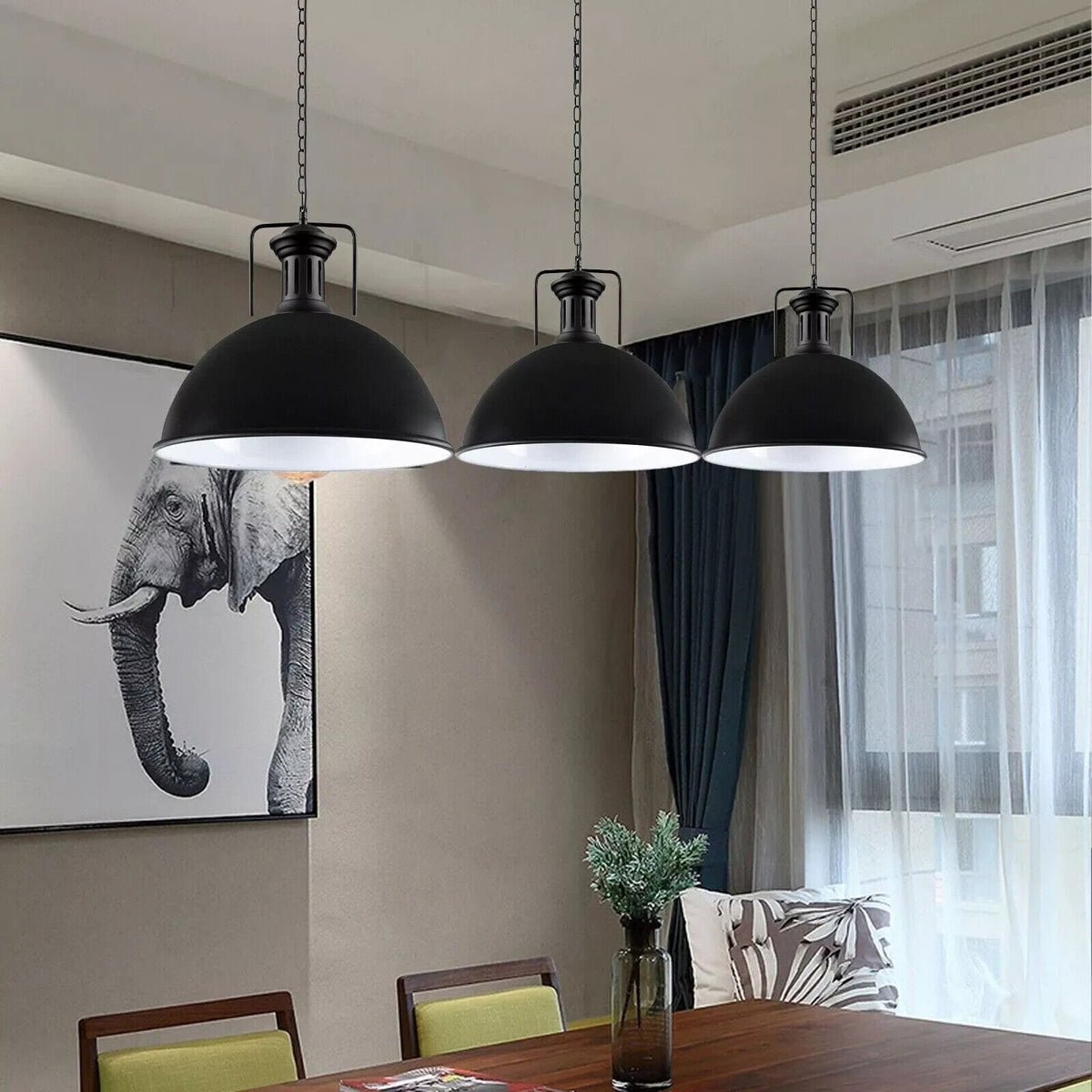 Large Black Pendant Light with Chain – 40 cm Metal Dome, E27 - photo 7