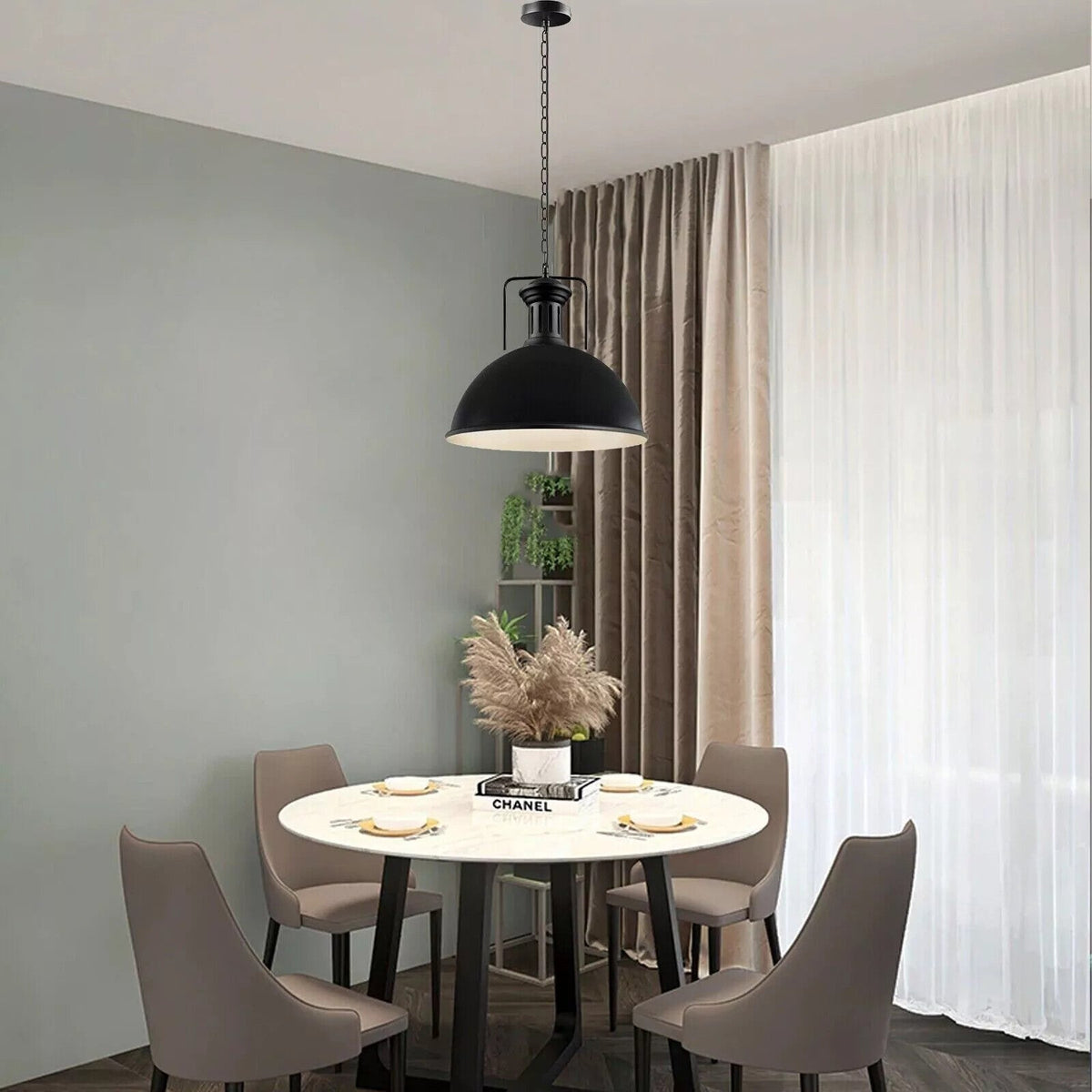 Large Black Pendant Light with Chain – 40 cm Metal Dome, E27 - photo 9