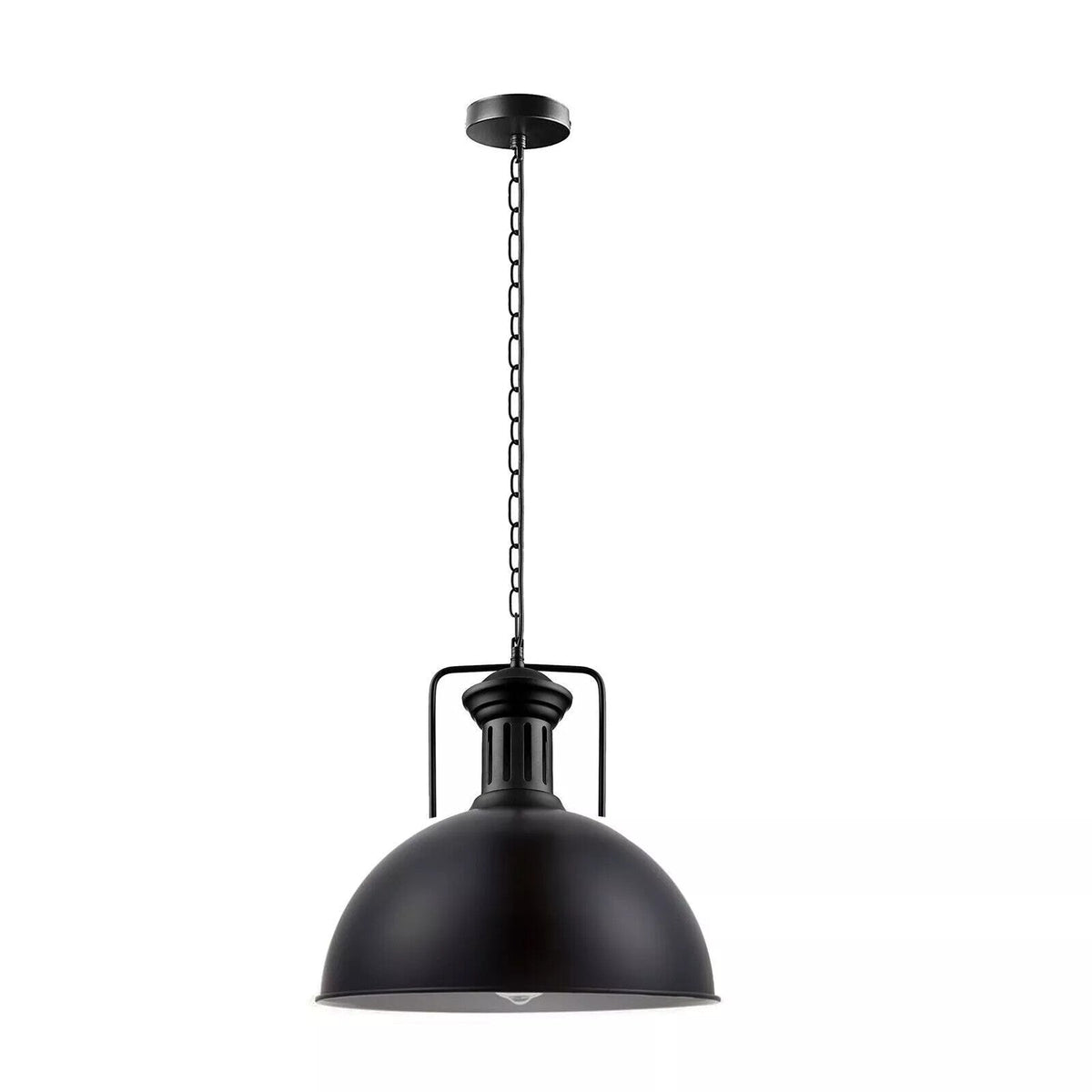 Large Black Pendant Light with Chain – 40 cm Metal Dome, E27 - Black, Dome 40 cm Black & White Inner, Without Bulb