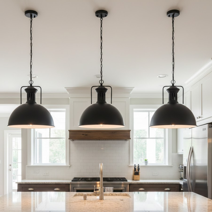 Large Black Pendant Light with Chain – 40 cm Metal Dome, E27