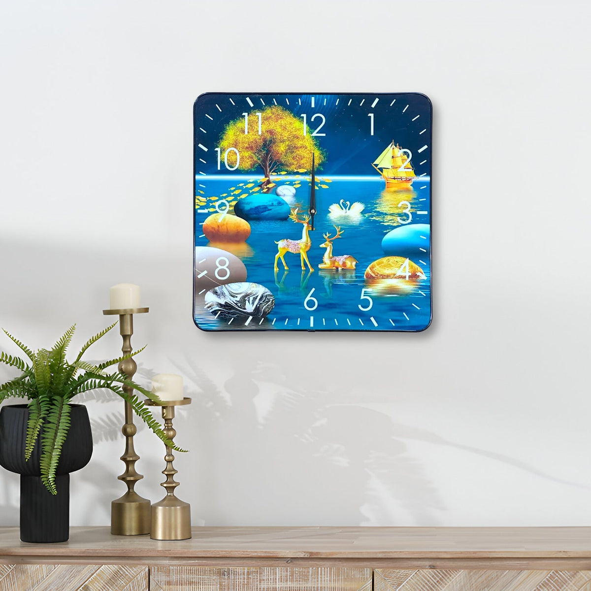 Square Art Clock – 40 cm, Blue Lake or Brown Mountain Scene, Wall or Shelf - photo 2
