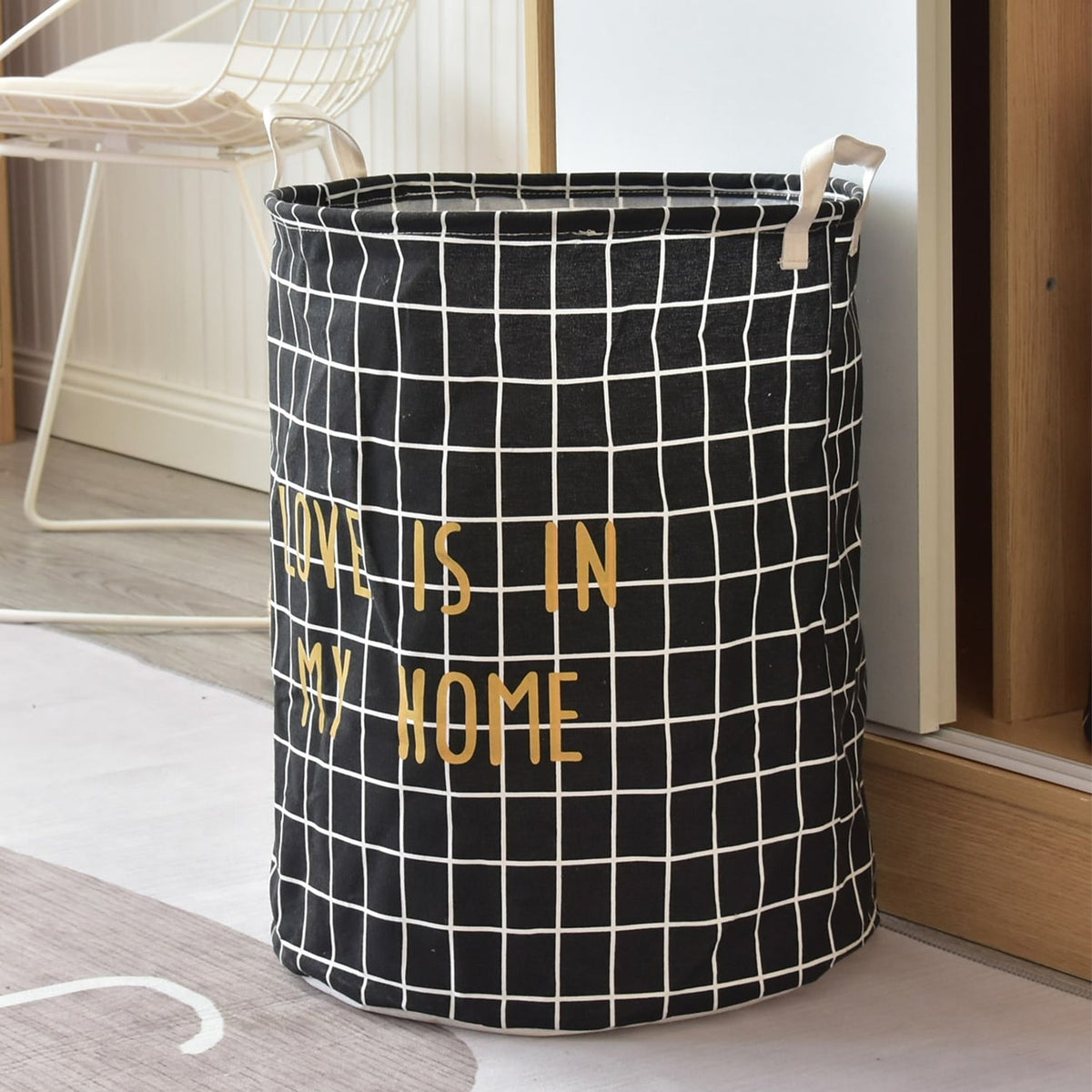 Grid Print Laundry Basket – 'Love Is in My Home', 45 x 47 cm, Black or White - photo 10