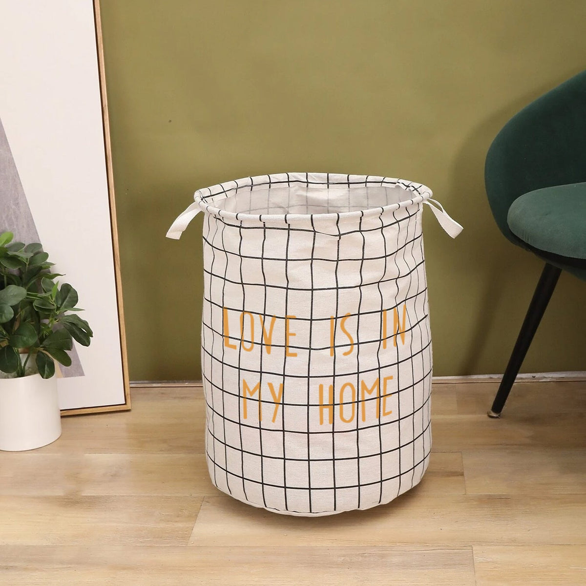 Grid Print Laundry Basket – 'Love Is in My Home', 45 x 47 cm, Black or White - photo 2
