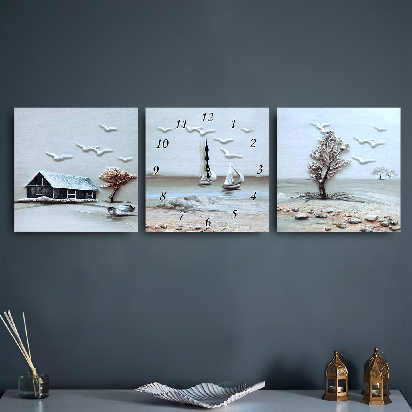 Modern 3 Frame Nautical Sailboat Calm Painting Wall Clock Decor ~1230