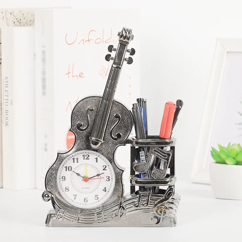 Plastic Violin Clock Figurine Small Bedside Pen Holder Clock ~1127