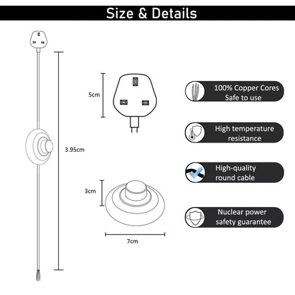 4 m Fabric Cable with Foot Switch & UK Plug – Brown, Gold or Blue & White - photo 3