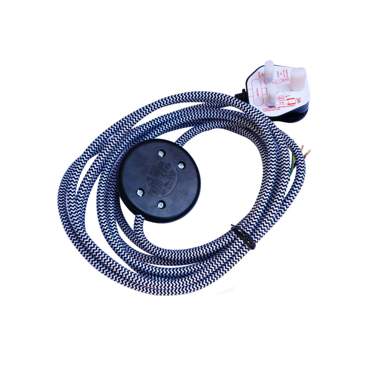 4 m Fabric Cable with Foot Switch & UK Plug – Brown, Gold or Blue & White - Blue & White, No Shade, Without Bulb