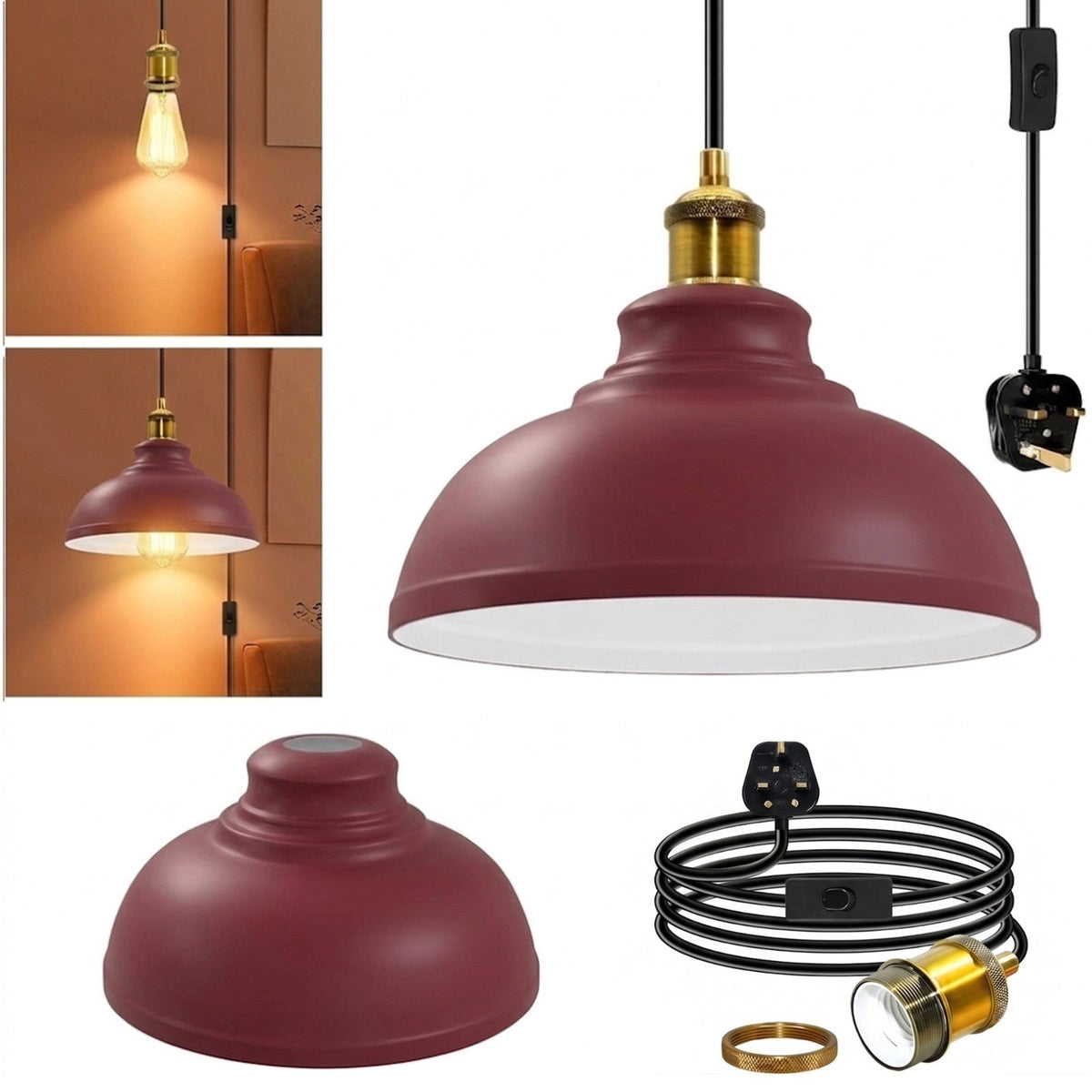 Plug-In Swag Pendant Light – 4 m Cable, On/Off Switch, Curvy Dome Shade - Standard, Curvy 29 cm Burgundy, Without Bulb