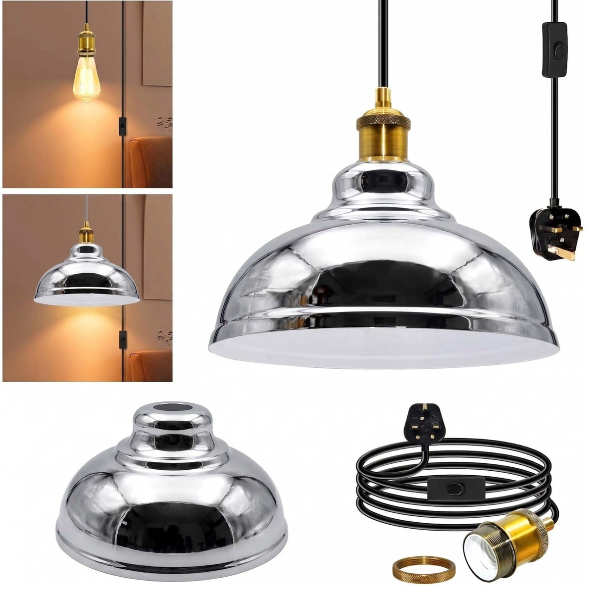 Plug-In Swag Pendant Light – 4 m Cable, On/Off Switch, Curvy Dome Shade - Standard, Curvy 29 cm Chrome, Without Bulb