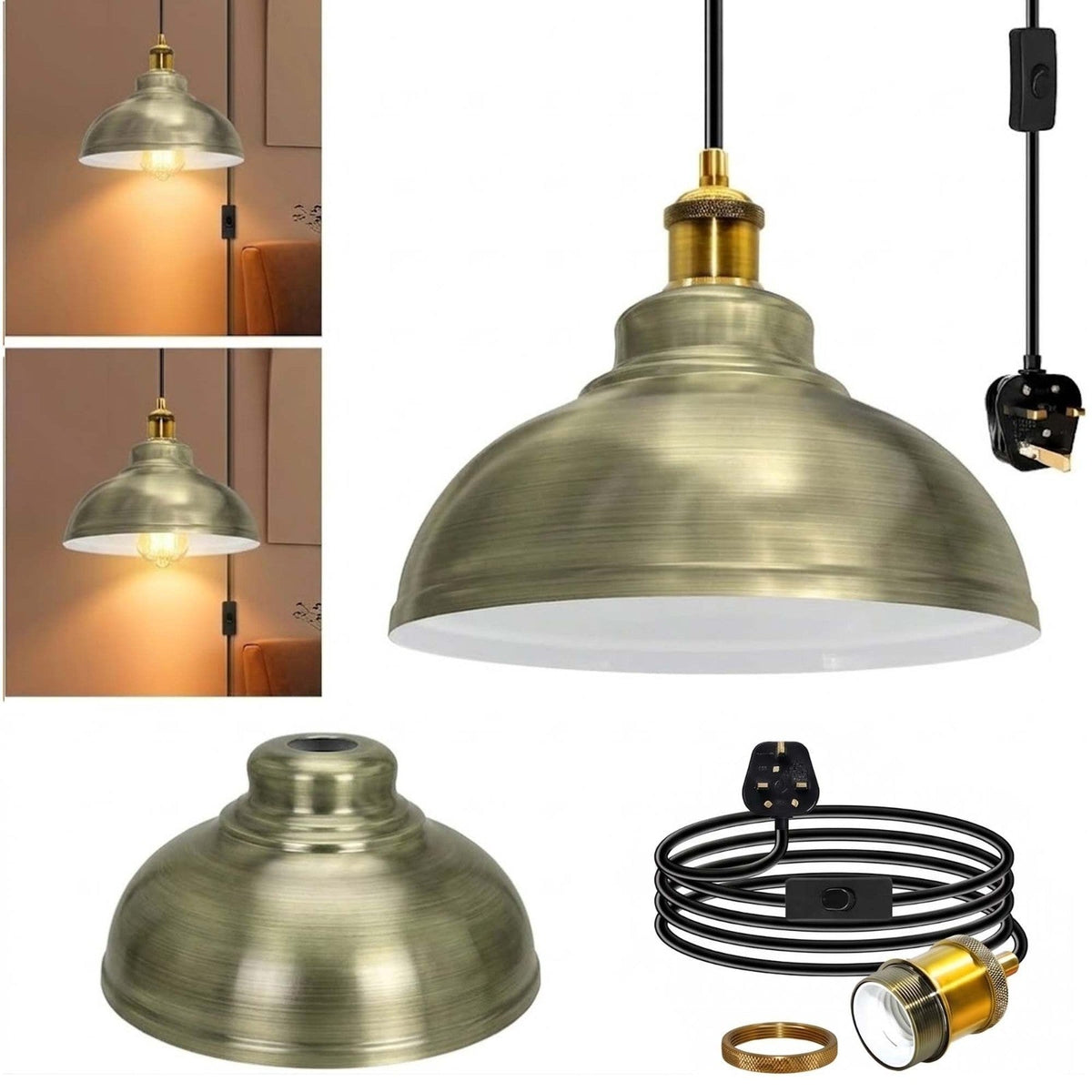 Plug-In Swag Pendant Light – 4 m Cable, On/Off Switch, Curvy Dome Shade - Standard, Curvy 29 cm Green Brass, Without Bulb