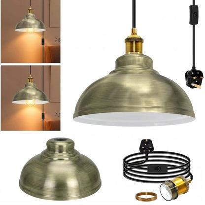 Plug-In Swag Pendant Light – 4 m Cable, On/Off Switch, Curvy Dome Shade - Standard, Curvy 29 cm Green Brass, Without Bulb