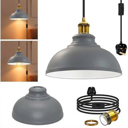 Plug-In Swag Pendant Light – 4 m Cable, On/Off Switch, Curvy Dome Shade - Standard, Curvy 29 cm Grey, Without Bulb