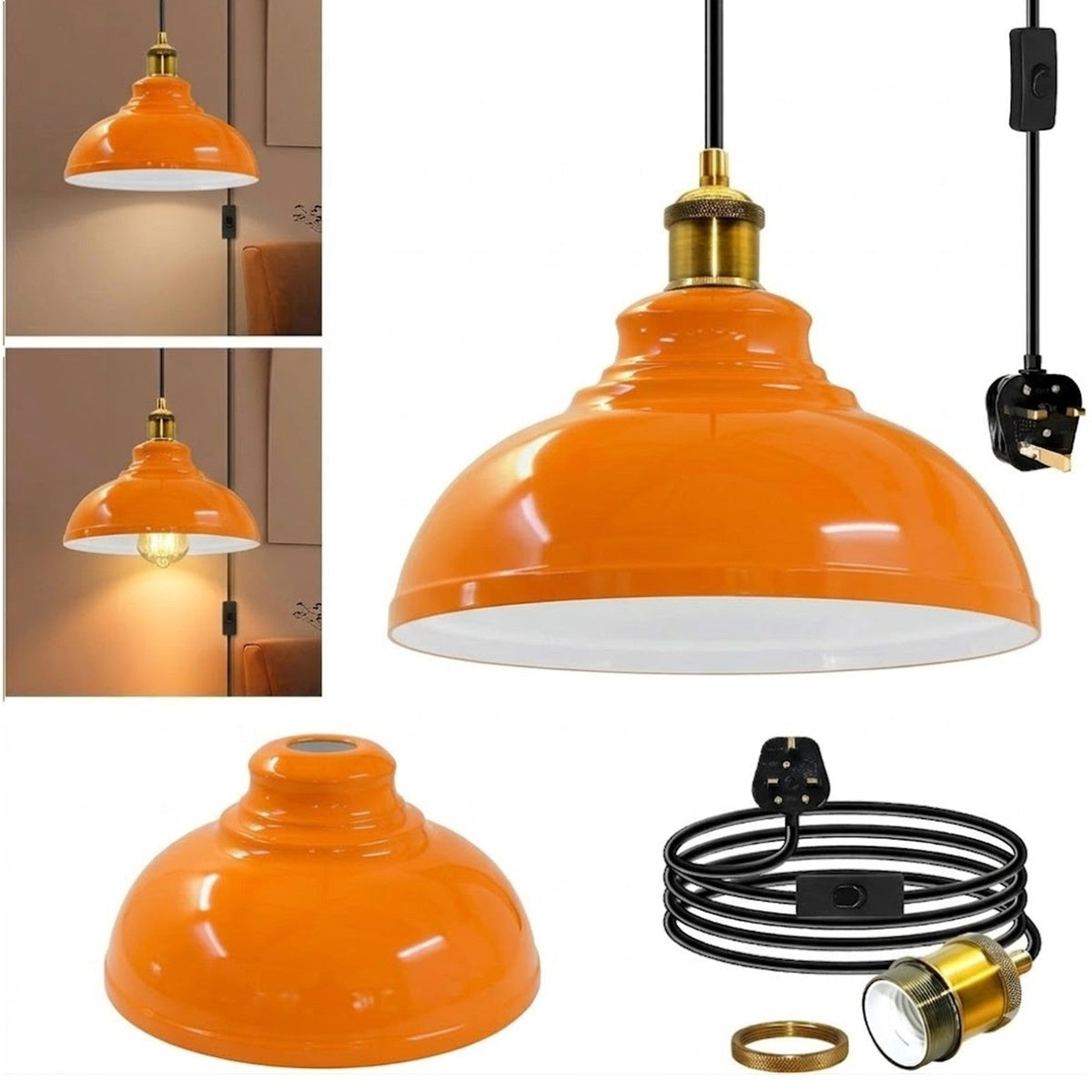 Plug-In Swag Pendant Light – 4 m Cable, On/Off Switch, Curvy Dome Shade - Standard, Curvy 29 cm Orange, Without Bulb