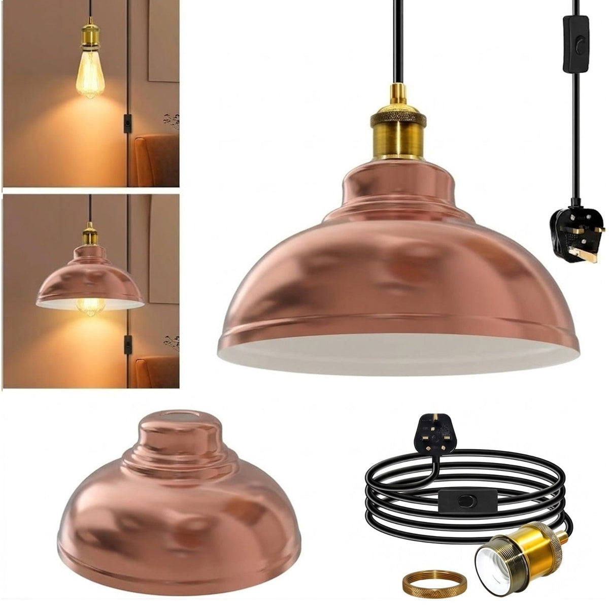 Plug-In Swag Pendant Light – 4 m Cable, On/Off Switch, Curvy Dome Shade - Standard, Curvy 29 cm Rose Gold, Without Bulb