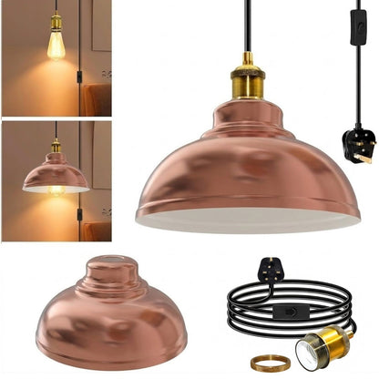 Plug-In Swag Pendant Light – 4 m Cable, On/Off Switch, Curvy Dome Shade - Standard, Curvy 29 cm Rose Gold, Without Bulb