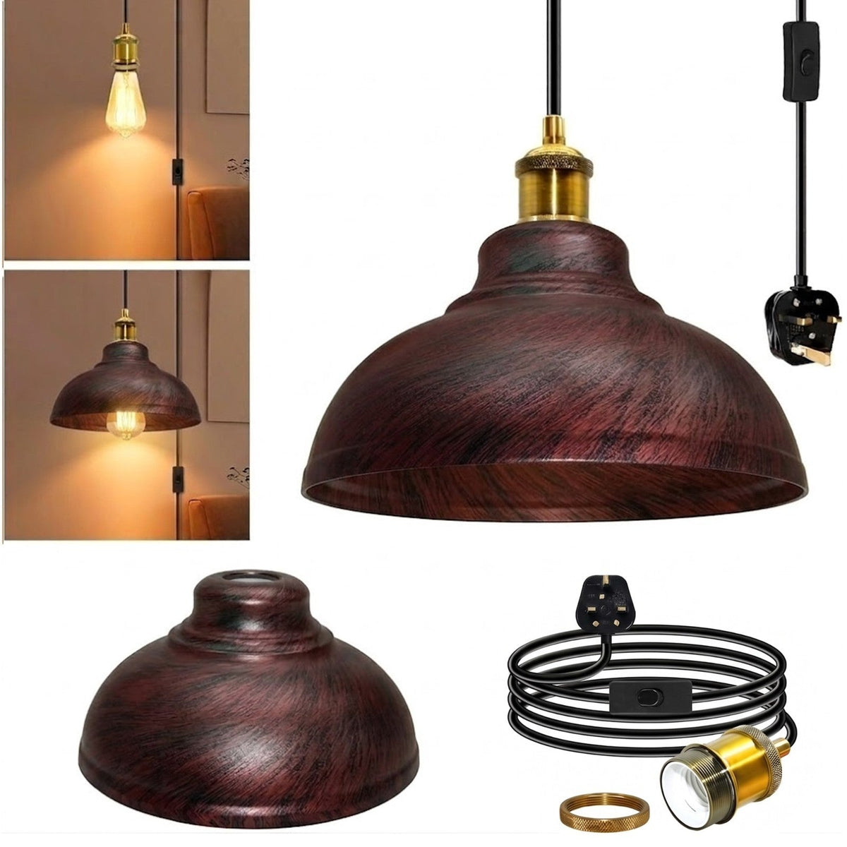 Plug-In Swag Pendant Light – 4 m Cable, On/Off Switch, Curvy Dome Shade - Standard, Curvy 29 cm Rustic Red, Without Bulb