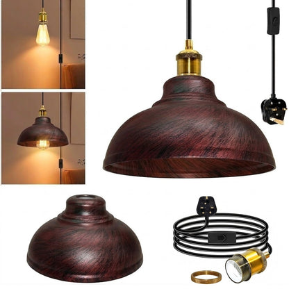 Plug-In Swag Pendant Light – 4 m Cable, On/Off Switch, Curvy Dome Shade - Standard, Curvy 29 cm Rustic Red, Without Bulb