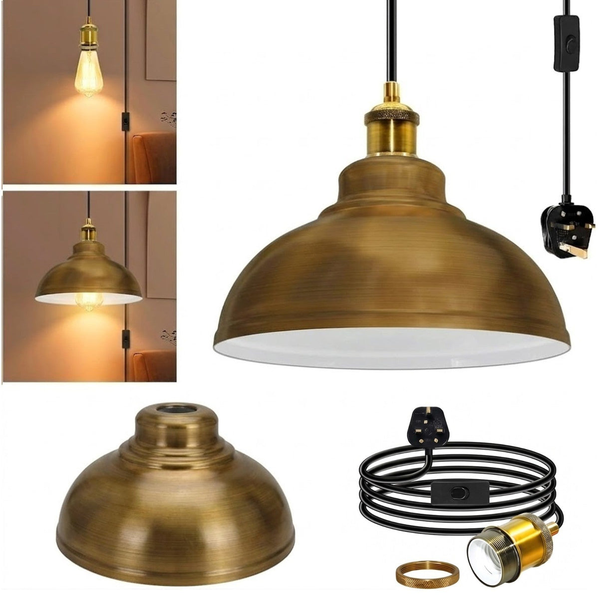 Plug-In Swag Pendant Light – 4 m Cable, On/Off Switch, Curvy Dome Shade - Standard, Curvy 29 cm Yellow Brass, Without Bulb