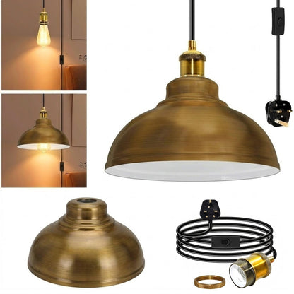 Plug-In Swag Pendant Light – 4 m Cable, On/Off Switch, Curvy Dome Shade - Standard, Curvy 29 cm Yellow Brass, Without Bulb
