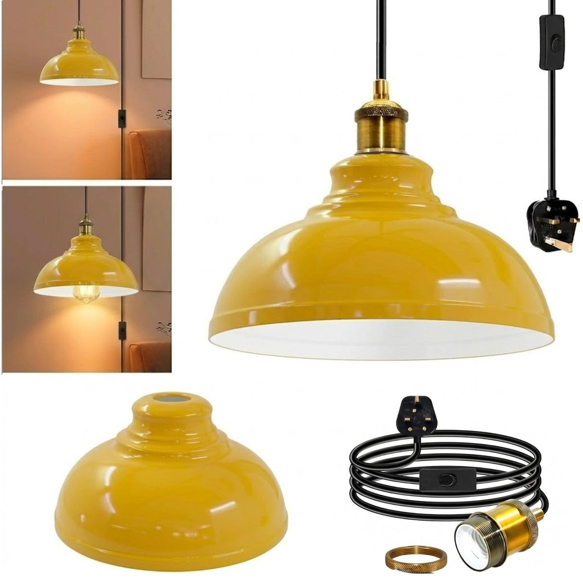 Plug-In Swag Pendant Light – 4 m Cable, On/Off Switch, Curvy Dome Shade - Standard, Curvy 29 cm Yellow, Without Bulb