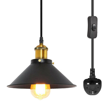 Plug-In Swag Pendant Light – 4 m Cable, On/Off Switch, Curvy Dome Shade - Standard, Flat Cone 22 cm Black, Without Bulb