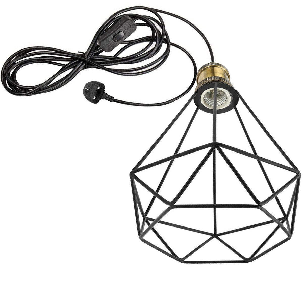Plug-In Swag Pendant Light – 4 m Cable, On/Off Switch, Curvy Dome Shade - Standard, Diamond Wire Cage Black, Without Bulb