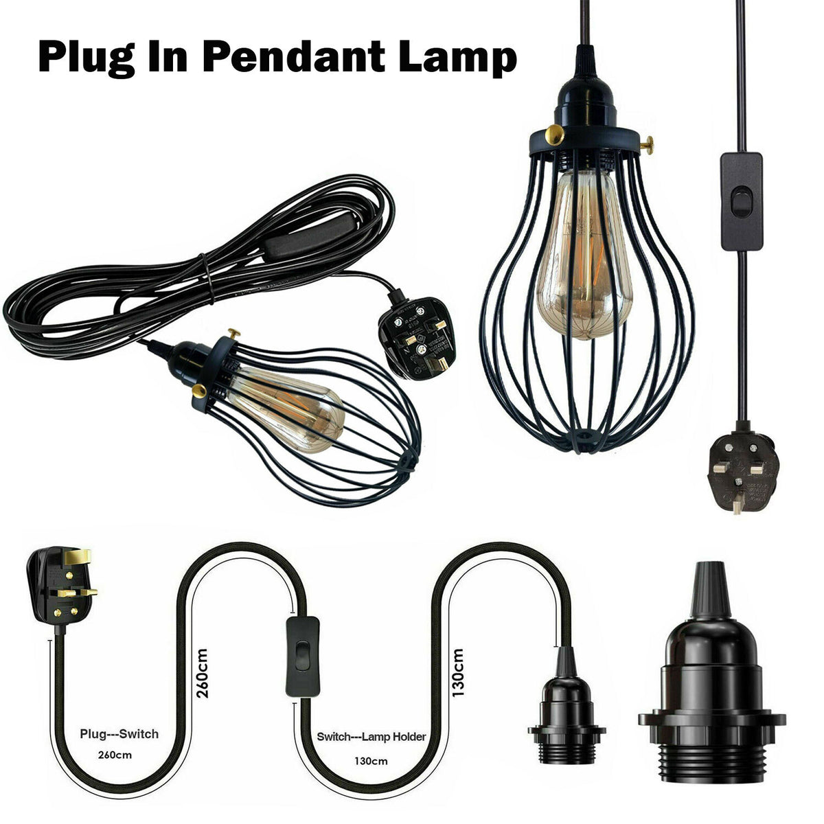 Plug-In Cage Pendant Light – 4 m Black Flex, Switch, UK Plug, E27