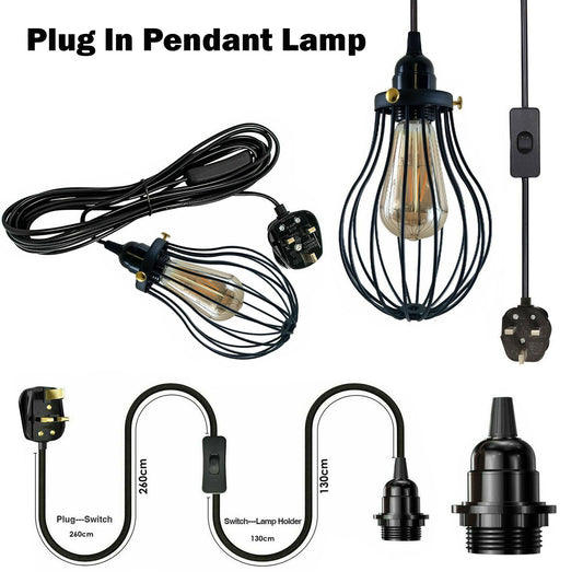 Plug-In Cage Pendant Light – 4 m Black Flex, Switch, UK Plug, E27