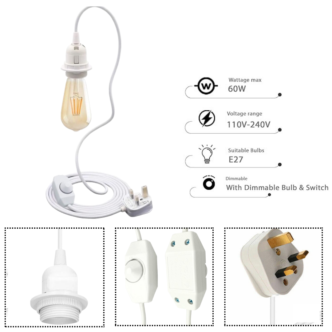 4 m Plug-In Pendant Lamp Holder Kit with Dimmer – White, UK Plug - photo 4