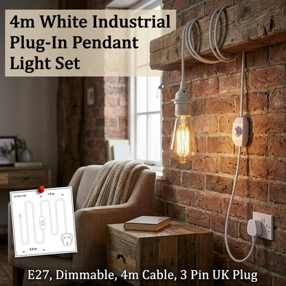 4 m Plug-In Pendant Lamp Holder Kit with Dimmer – White, UK Plug - photo 7