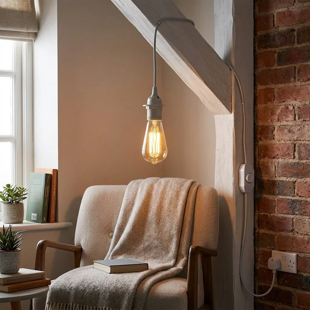 4 m Plug-In Pendant Lamp Holder Kit with Dimmer – White, UK Plug