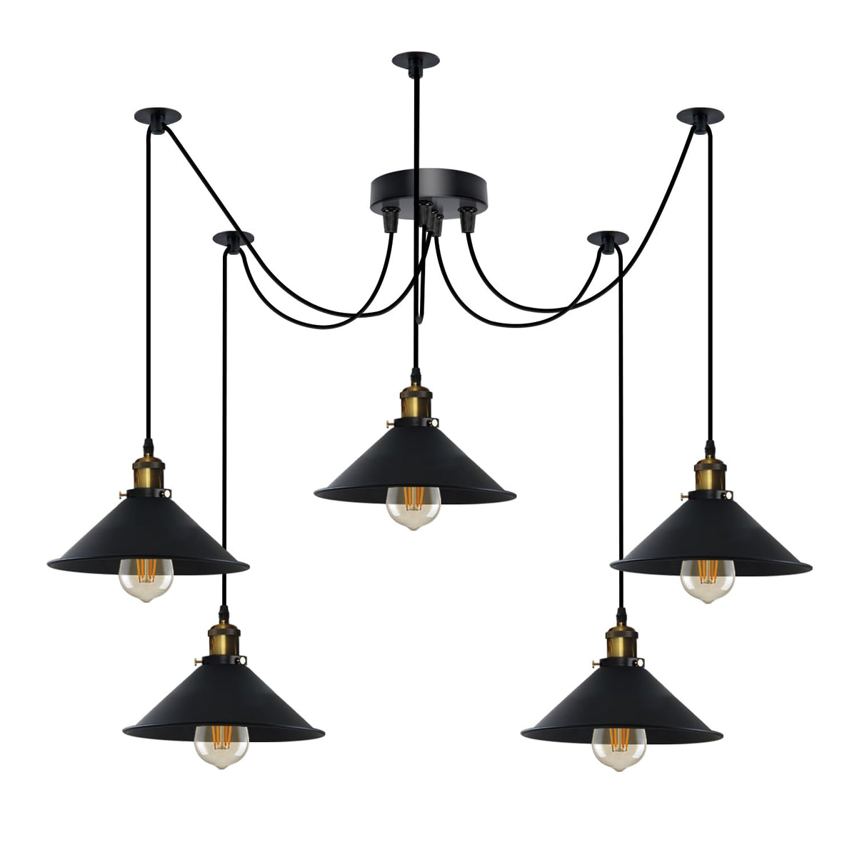 5-Light Spider Pendant – 22 cm Cone Shades, 12 Colours, E27 - Yellow Brass, Flat Cone 22 cm Black, Without Bulb