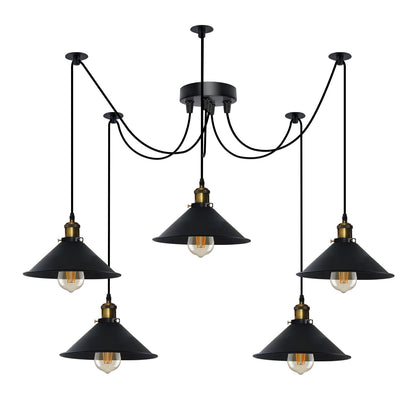 5-Light Spider Pendant – 22 cm Cone Shades, 12 Colours, E27 - Yellow Brass, Flat Cone 22 cm Black, Without Bulb