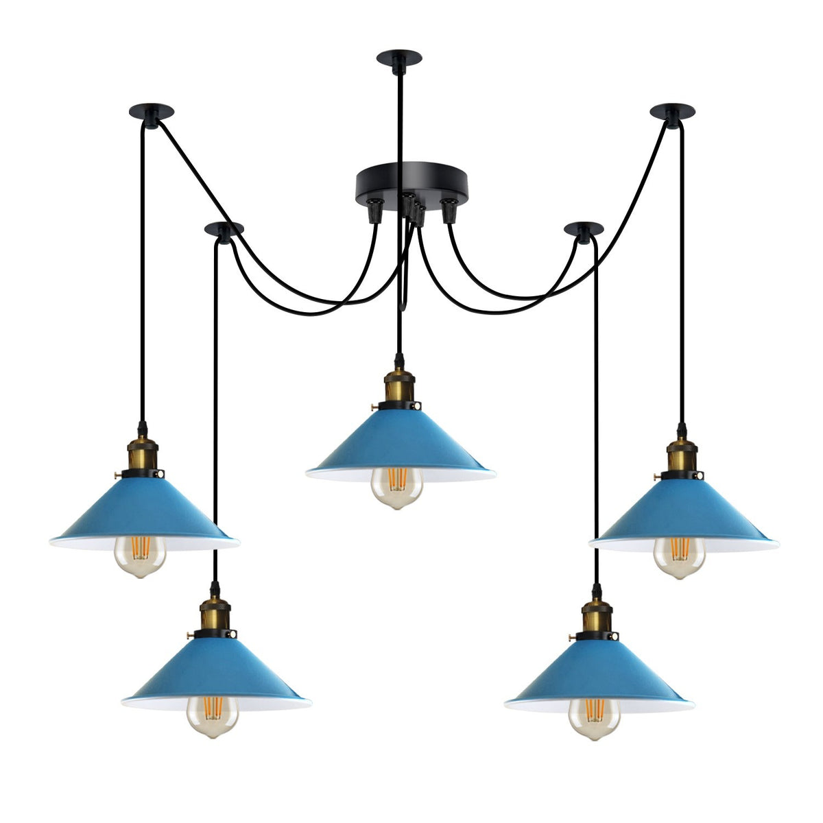 5-Light Spider Pendant – 22 cm Cone Shades, 12 Colours, E27 - Yellow Brass, Flat Cone 22 cm Blue, ST64 LED Bulb 6W