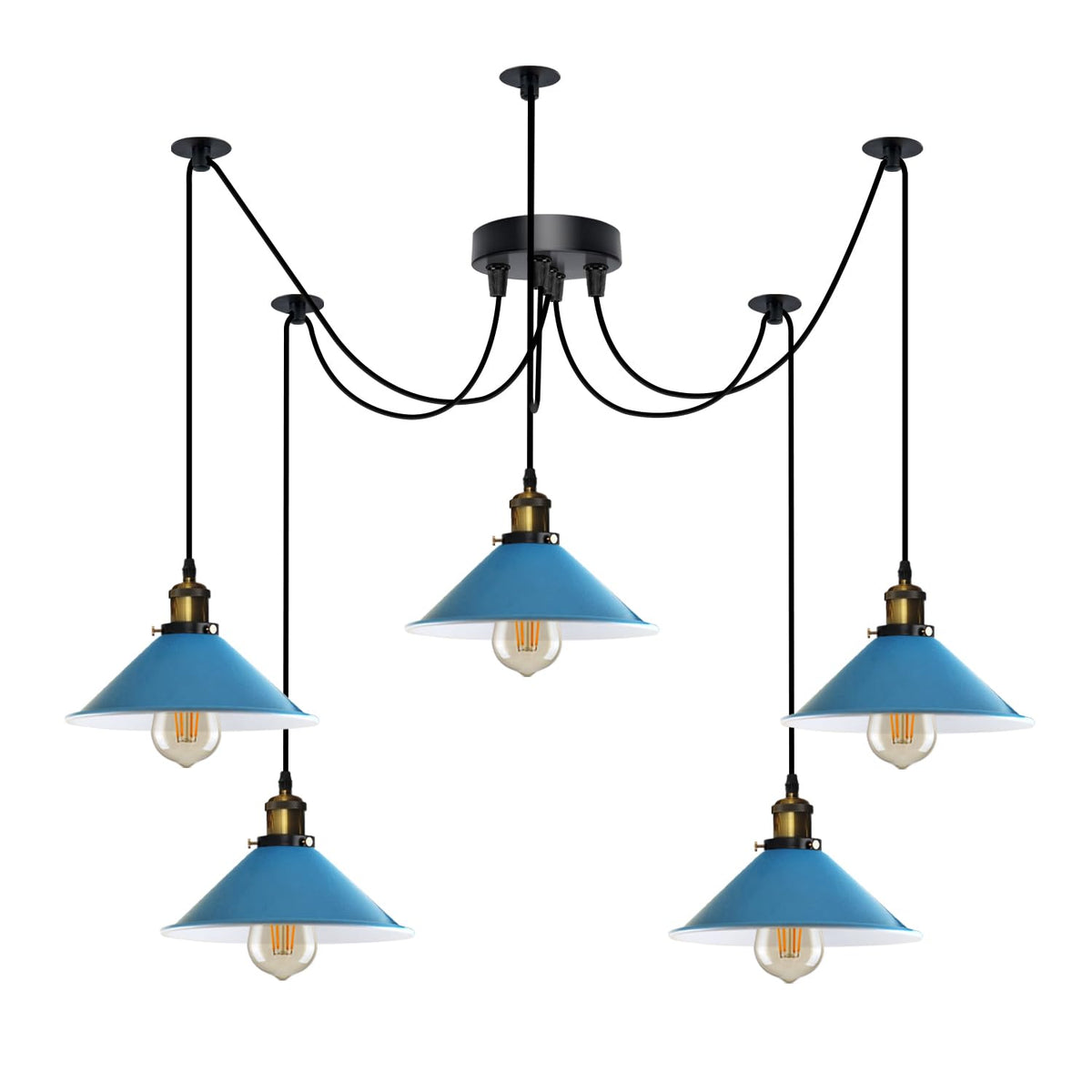 5-Light Spider Pendant – 22 cm Cone Shades, 12 Colours, E27 - Yellow Brass, Flat Cone 22 cm Blue, Without Bulb