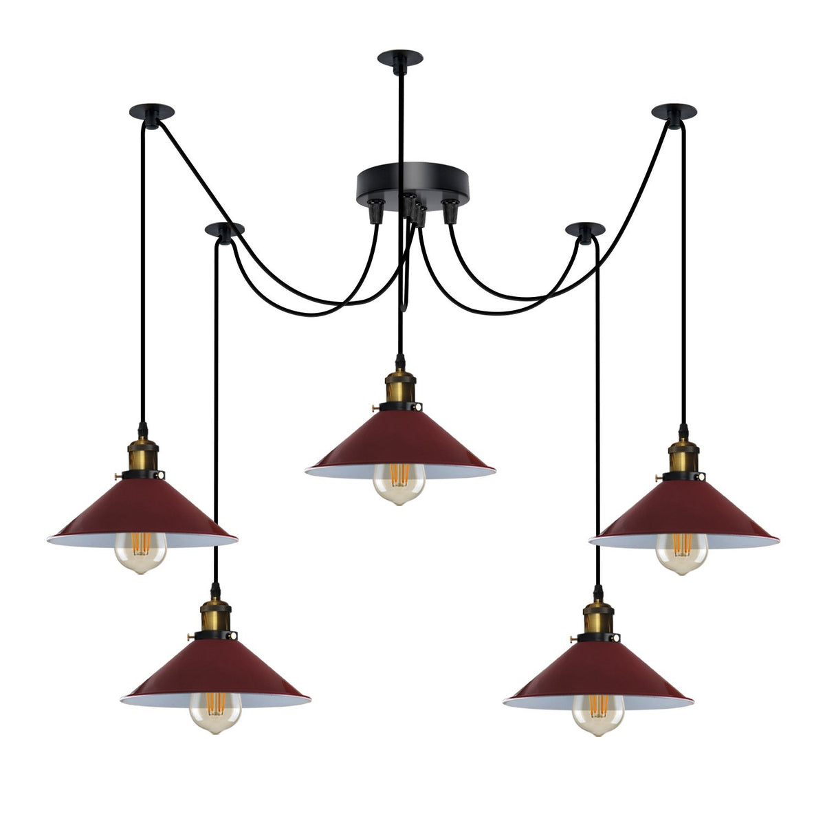 5-Light Spider Pendant – 22 cm Cone Shades, 12 Colours, E27 - Yellow Brass, Flat Cone 22 cm Burgundy, ST64 LED Bulb 6W