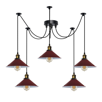 5-Light Spider Pendant – 22 cm Cone Shades, 12 Colours, E27 - Yellow Brass, Flat Cone 22 cm Burgundy, Without Bulb