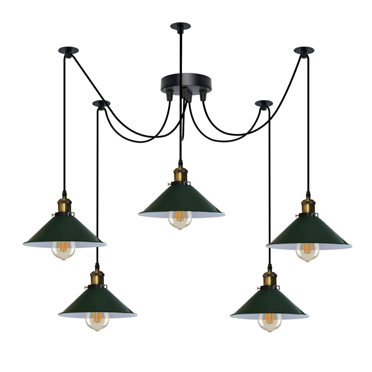 5-Light Spider Pendant – 22 cm Cone Shades, 12 Colours, E27 - Yellow Brass, Flat Cone 22 cm Green, ST64 LED Bulb 6W
