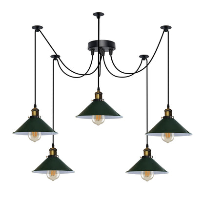 5-Light Spider Pendant – 22 cm Cone Shades, 12 Colours, E27 - Yellow Brass, Flat Cone 22 cm Green, ST64 LED Bulb 6W