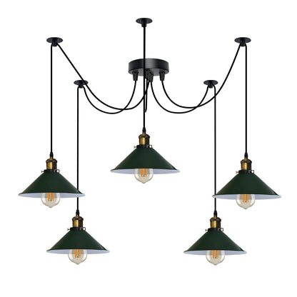 5-Light Spider Pendant – 22 cm Cone Shades, 12 Colours, E27 - Yellow Brass, Flat Cone 22 cm Green, Without Bulb