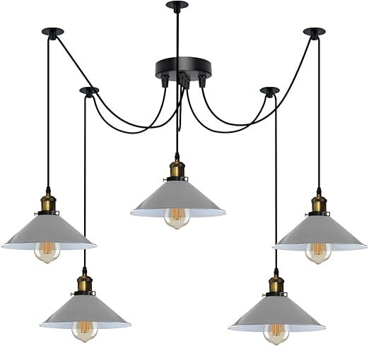 5-Light Spider Pendant – 22 cm Cone Shades, 12 Colours, E27 - Yellow Brass, Flat Cone 22 cm Grey, ST64 LED Bulb 6W