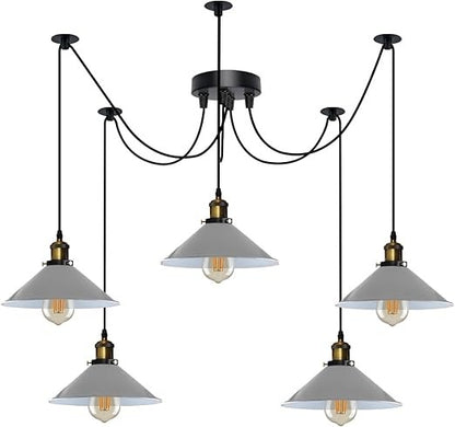 5-Light Spider Pendant – 22 cm Cone Shades, 12 Colours, E27 - Yellow Brass, Flat Cone 22 cm Grey, ST64 LED Bulb 6W