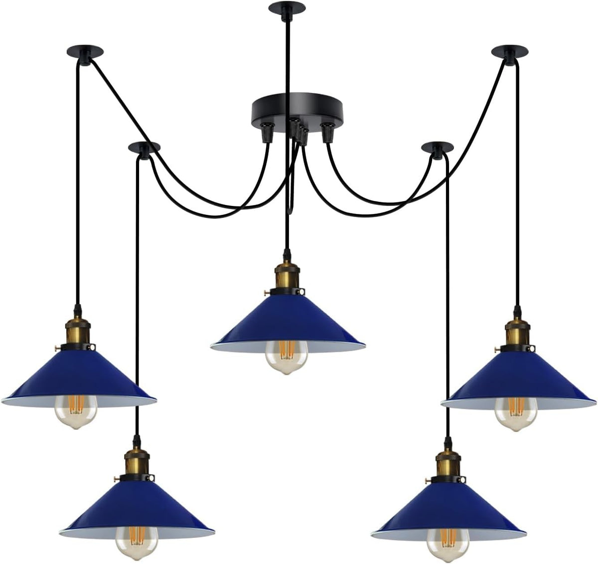 5-Light Spider Pendant – 22 cm Cone Shades, 12 Colours, E27 - Yellow Brass, Flat Cone 22 cm Navy Blue, ST64 LED Bulb 4W