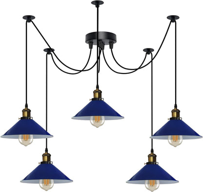 5-Light Spider Pendant – 22 cm Cone Shades, 12 Colours, E27 - Yellow Brass, Flat Cone 22 cm Navy Blue, ST64 LED Bulb 4W